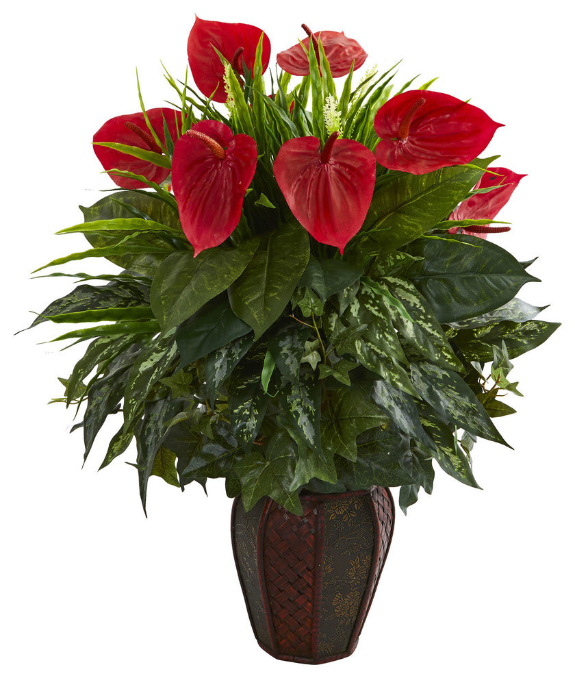 Nearly Natural Mixed Anthurium Artificial Plant in Decorative Planter Green