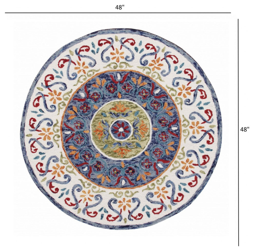 4' Round Blue and White Ornate Medallion Area Rug