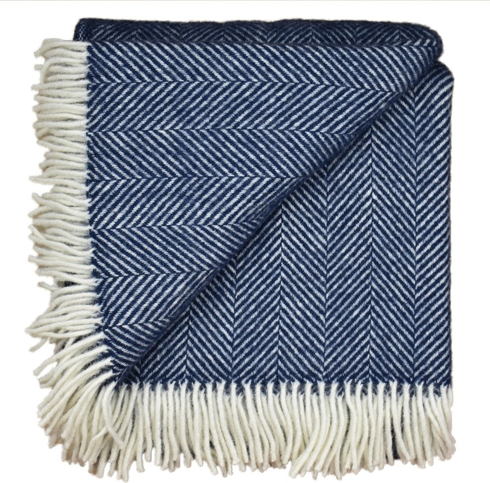 Highland Tweed Herringbone Pure New Wool Throw, Navy/White