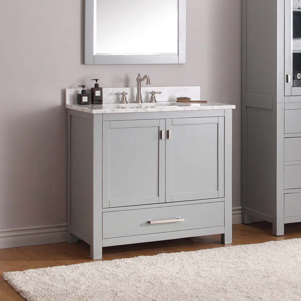 Avanity Modero 36" Vanity, Chilled Gray Finish, Carrera White Marble Top