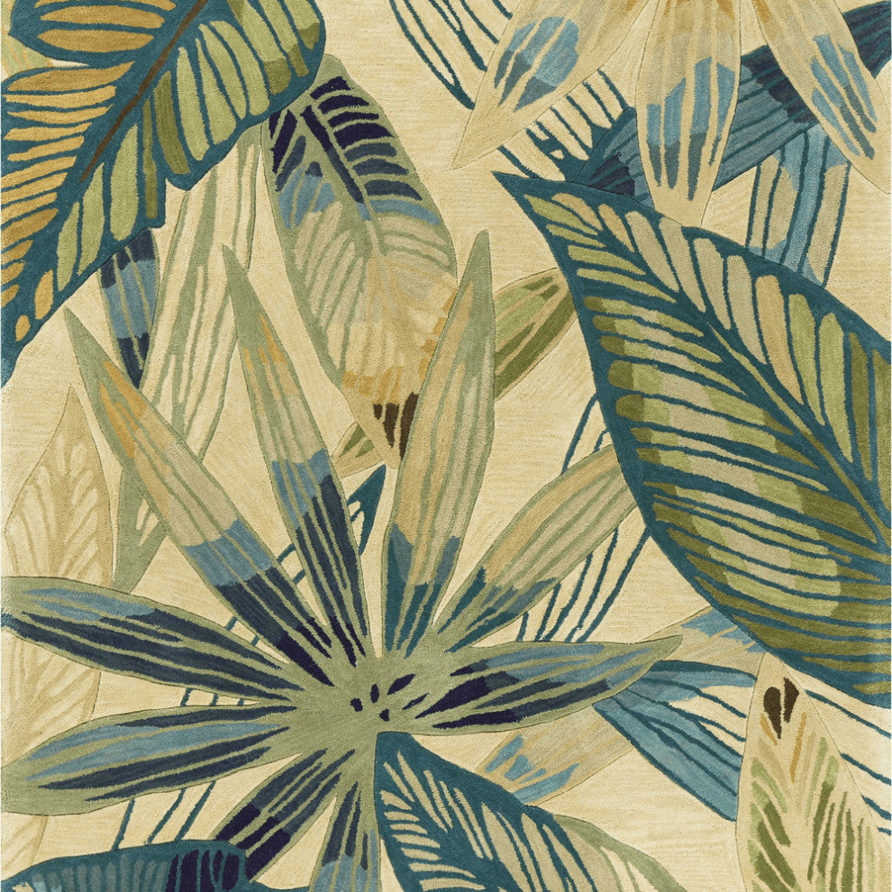 3' X 5' Ivory Or Teal Tropical Leaves Wool Indoor Area Rug