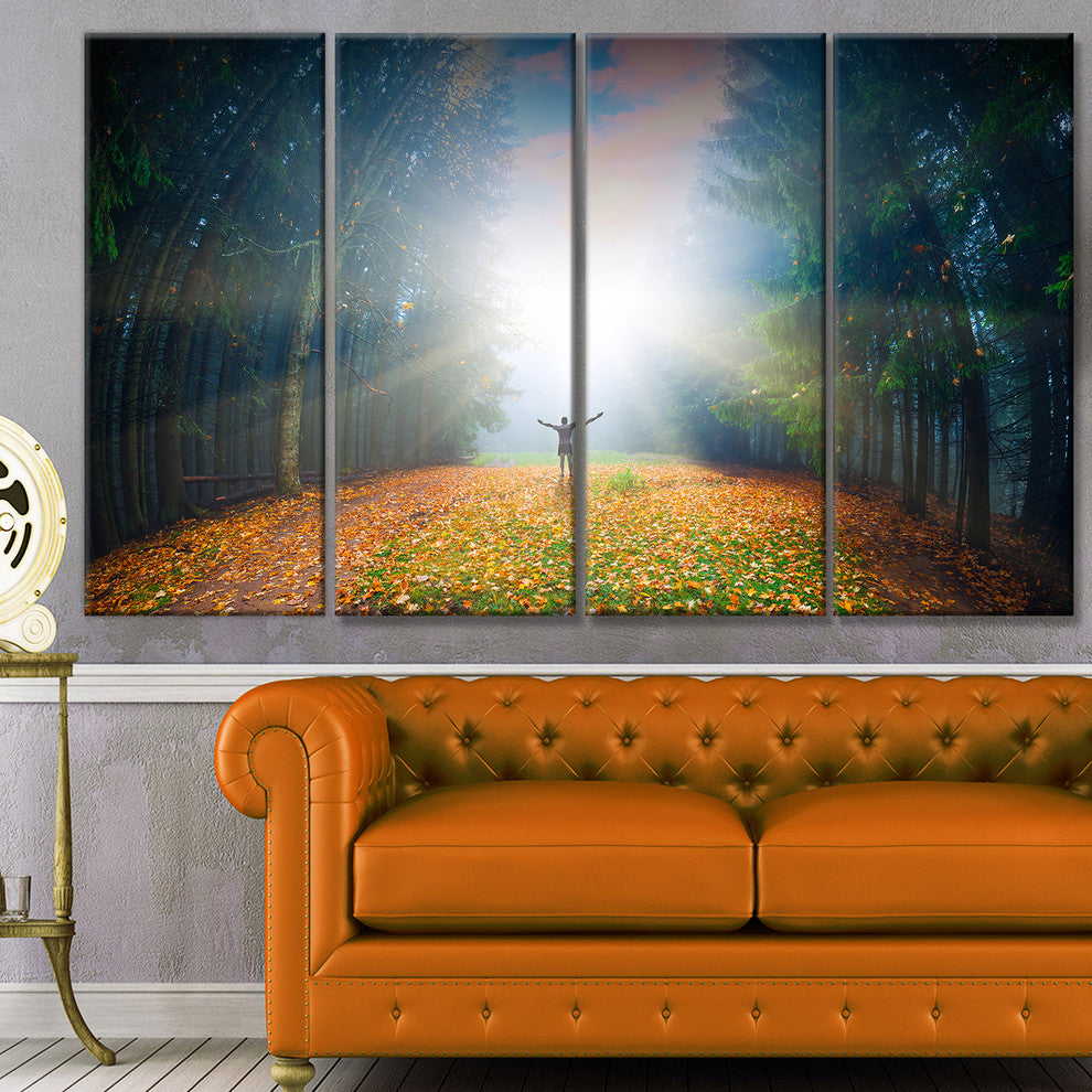 Men and Bright Sunlight Panorama, Landscape Canvas Art Print, 48"x28", 4 Panels