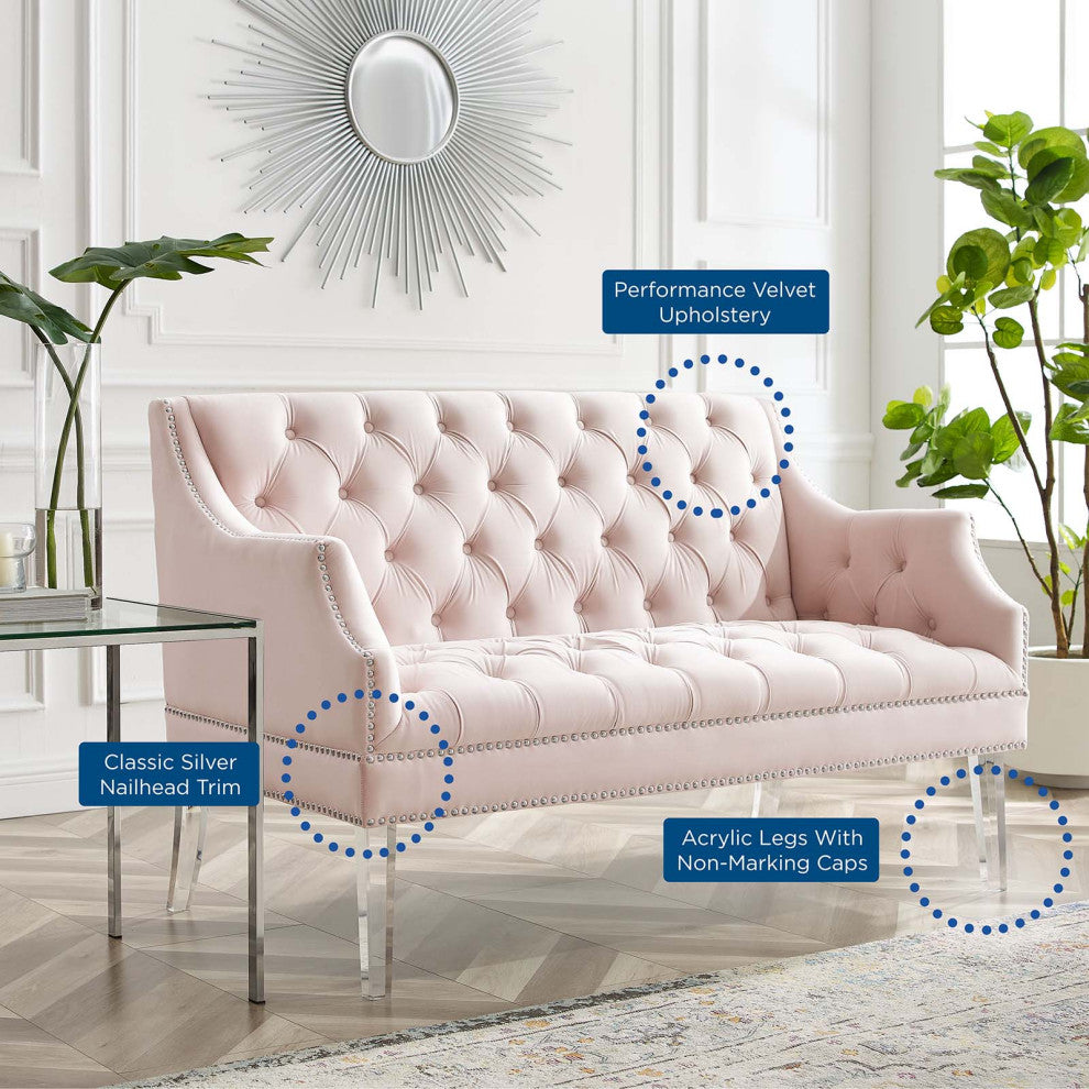 Tufted Loveseat Sofa, Velvet, Pink, Modern, Living Lounge Hotel Hospitality