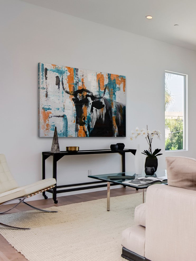 "Orange Teal Steer" Painting Print on Wrapped Canvas, 24"x16"