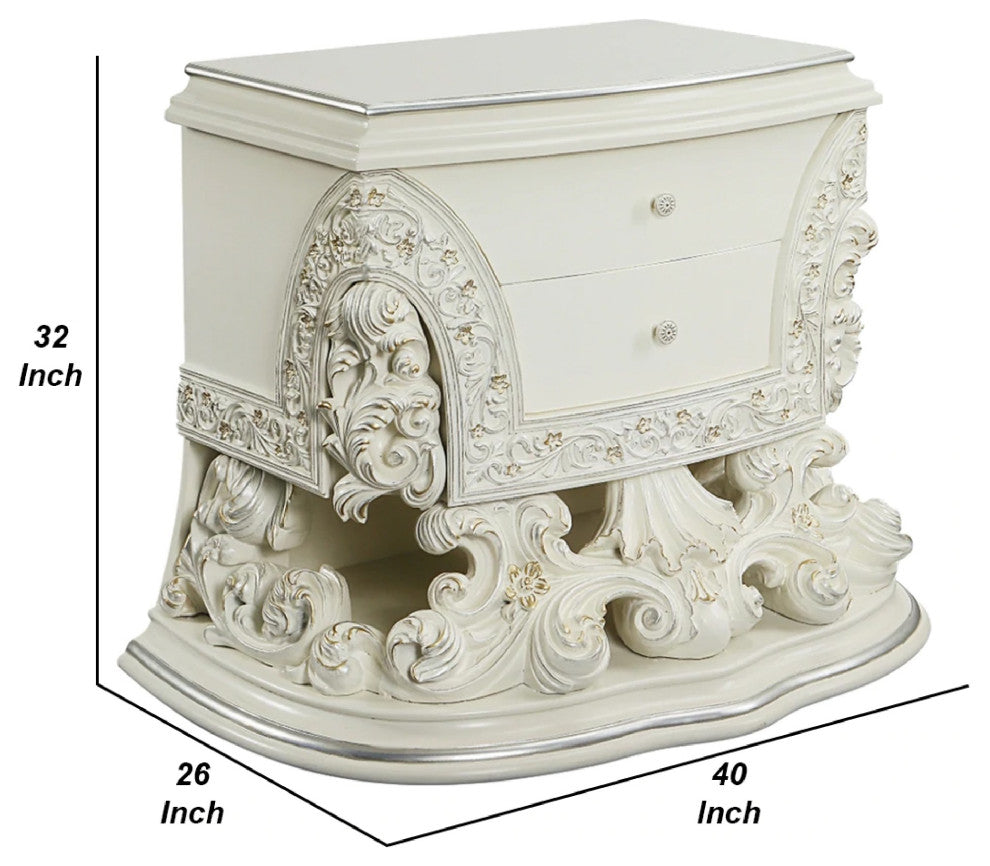 Benzara BM275674 40" Classic Ornate Carved Nightstand With 2 Drawer, Wood, White
