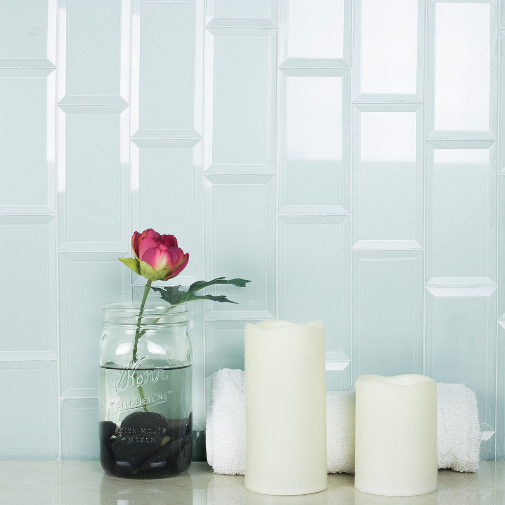 Frosted Elegance 3x6 Beveled Glossy Glass Subway Tile ,Light Blue,Peel & Stick , Piece