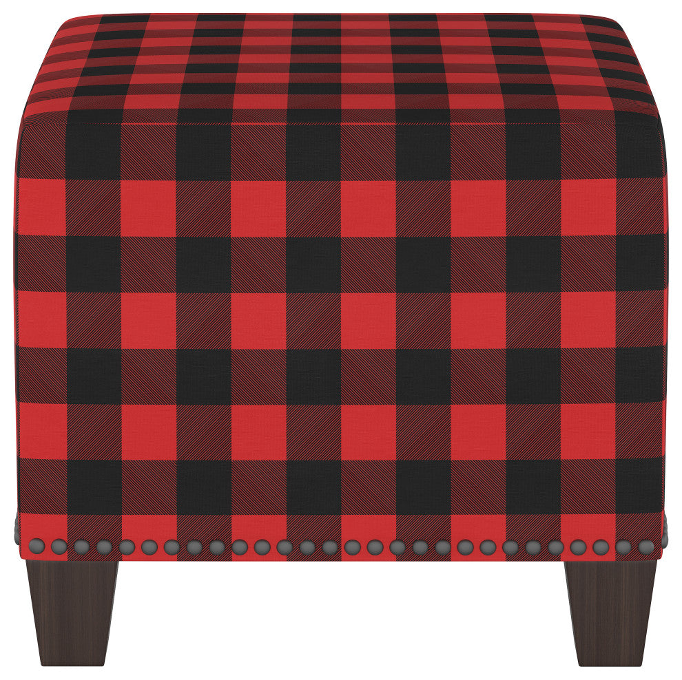 Quinn Square Nail Button Ottoman, Classic Gingham Red Black