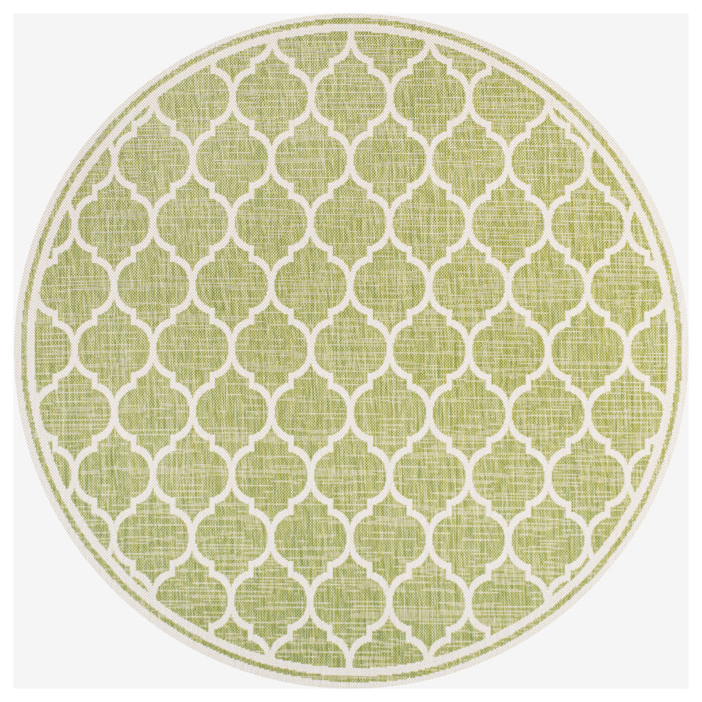 Trebol Moroccan Trellis Textured Weave Indoor/Outdoor, Green/Cream, 5' Round