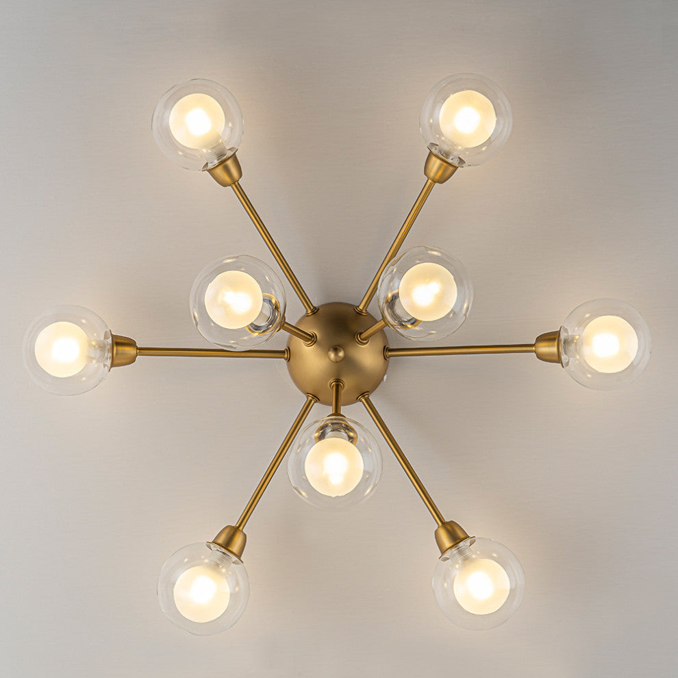 Mid-Century 9-Light Double Layer Glass Sputnik Semi Ceiling Light, Brass