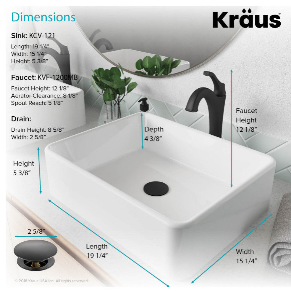 Elavo Rectangle Ceramic Vessel Sink, Bathroom Arlo Faucet, Drain, Matte