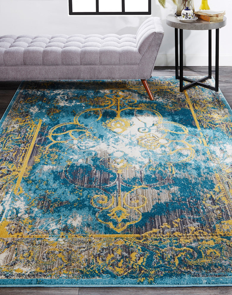 Weave & Wander Arsene Distressed Medallion Rug, Capri Blue/Gold, 2'2"x4'