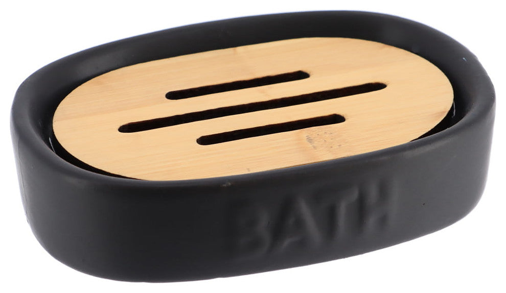 Bath D Soap Dish Cup Dispenser White and Bamboo Tray, Black / Bamboo