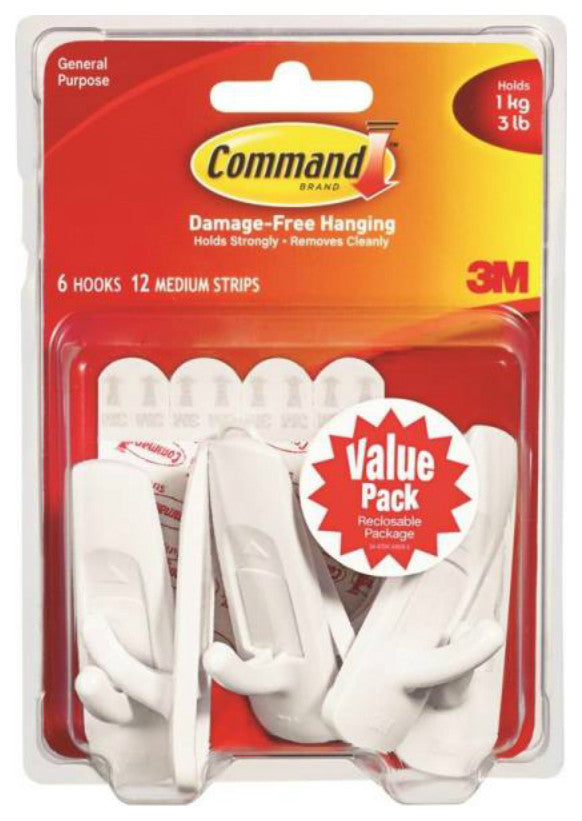 Command 17001-VP-6PK Medium Utility Hook Value Pack, White, 6 Pack