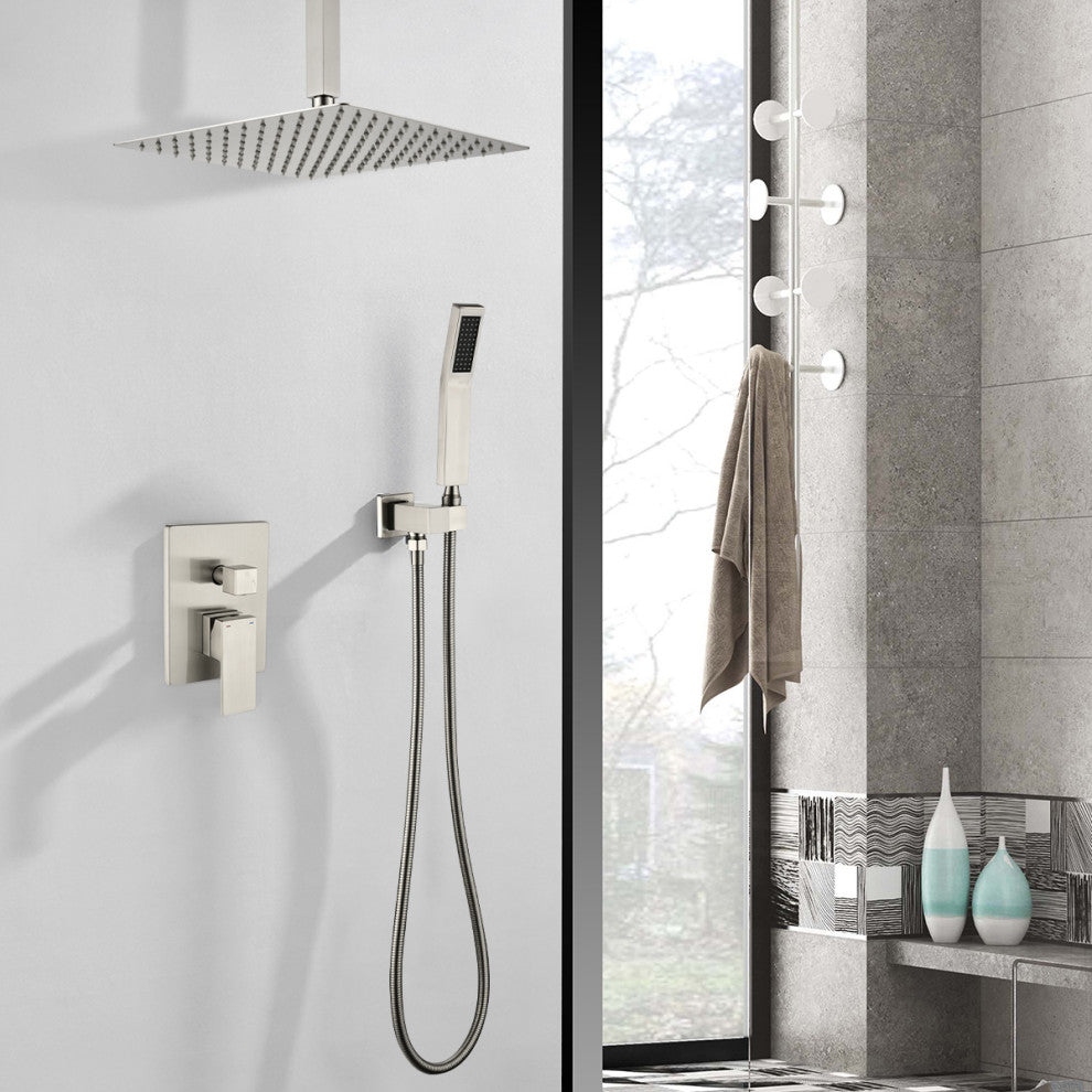 Wellfor Shower Faucet, 12" Ceiling Rain Shower Head With Handheld Combo Set, Brushed Nickel