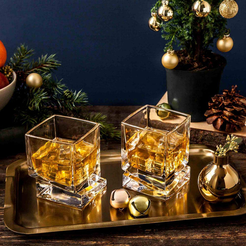 Carre Square Heavy Base Crystal Whiskey Glasses 10 oz, Set of 2
