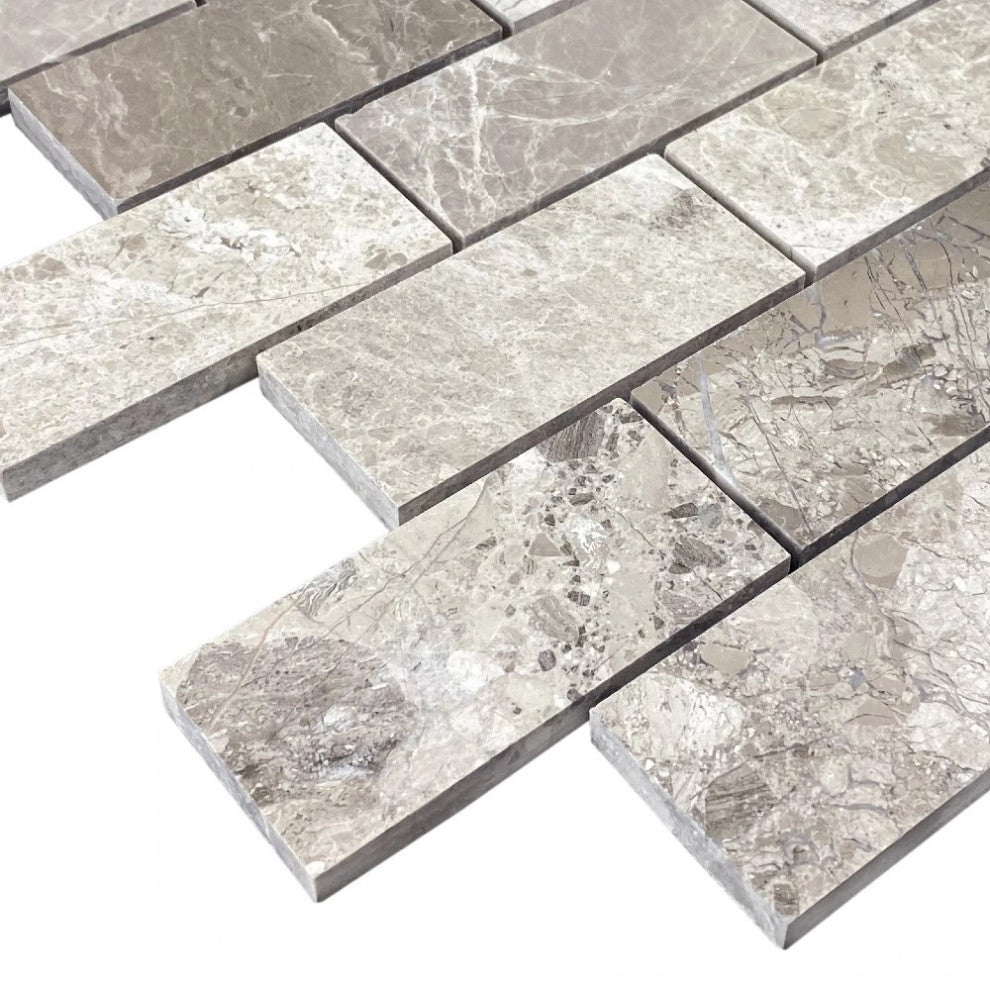 Silver Shadow Marble 2"x4" Brick on 12"x12" Mesh Mosaic Tile  (10 sqft per box)