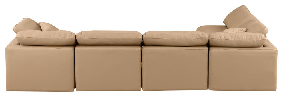 Indulge Upholstered Modular L-Shaped Sectional, Tan, 5-Piece: 3 Armless Chair, 2 Corner Chair, Fiber Stuffed Vegan Leather