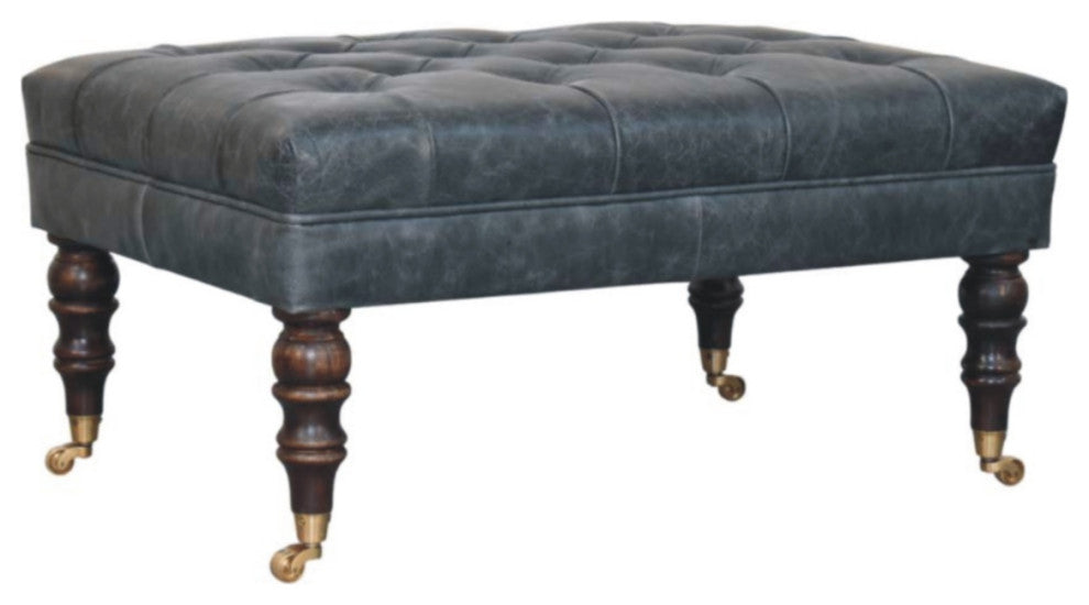 Ottoman Upholstered Buffalo Teal Leather With Castor Legs Artisan Furniture