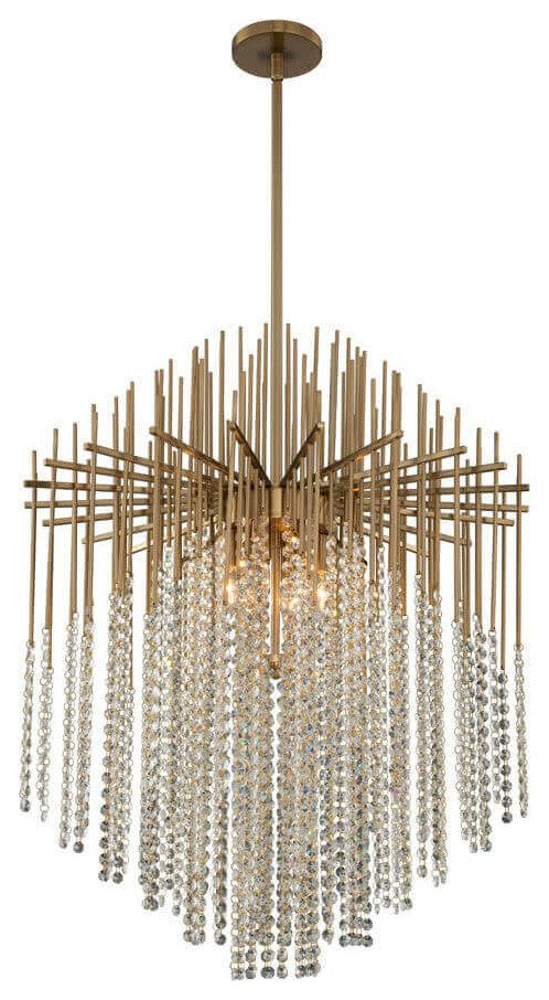 6 Light 26" Pendant, Brushed Champagne Gold With Crystal