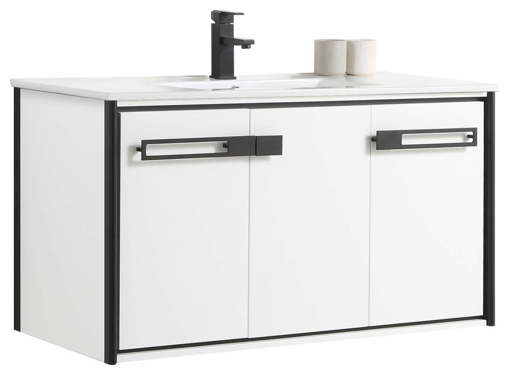 Oakville Wall Mount Bathroom Vanity, White Matte, 42", Black Hardware