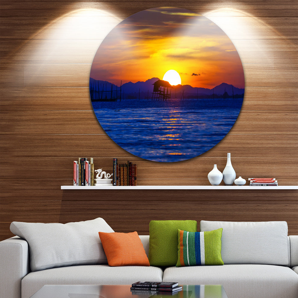 Old Wooden Pavilion In Sea, Seascape Photo Round Wall Art, 36"