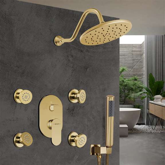 Bravat Brushed Gold Wall Mounted Shower Set, Valve Thermostatic Mixer 3-Way