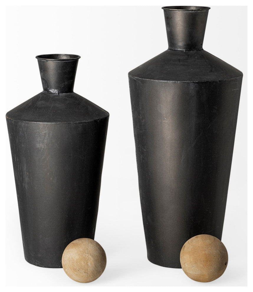 Asher Black Metal With Wood Urns, 2-Piece Set