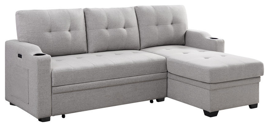 Mabel Fabric Sleeper Sectional With Cupholder, USB and Pocket, Light Gray, Linen
