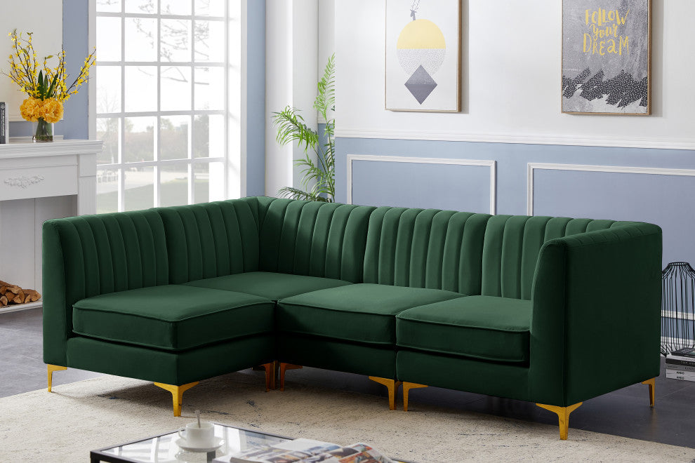 Alina Velvet Modular L-Shaped Modular Sectional, Green, 4-Piece: 2 Armless Chair, 2 Corner Chair