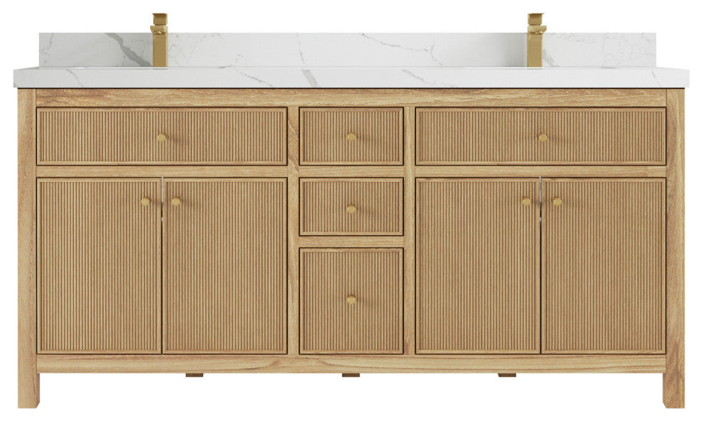 Sonoma 72 Double Sink Bath Vanity in Light Natural Teak with 2" Calacatta Laza