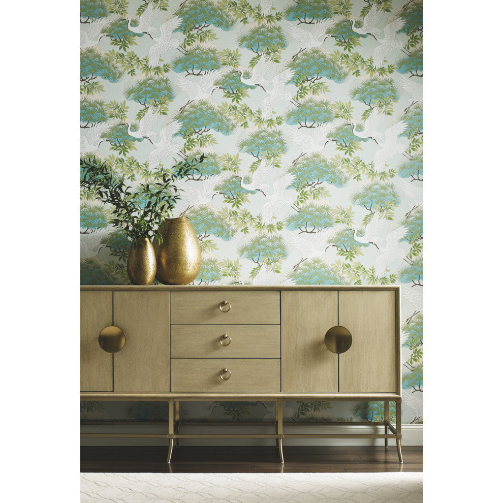 Sprig and Heron Wallpaper, Tame Teal