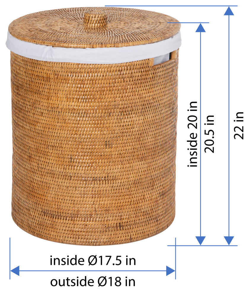Round Rattan Hamper, Laundry Basket, Liner, Lid, 1 Large Load, Honey-Brown