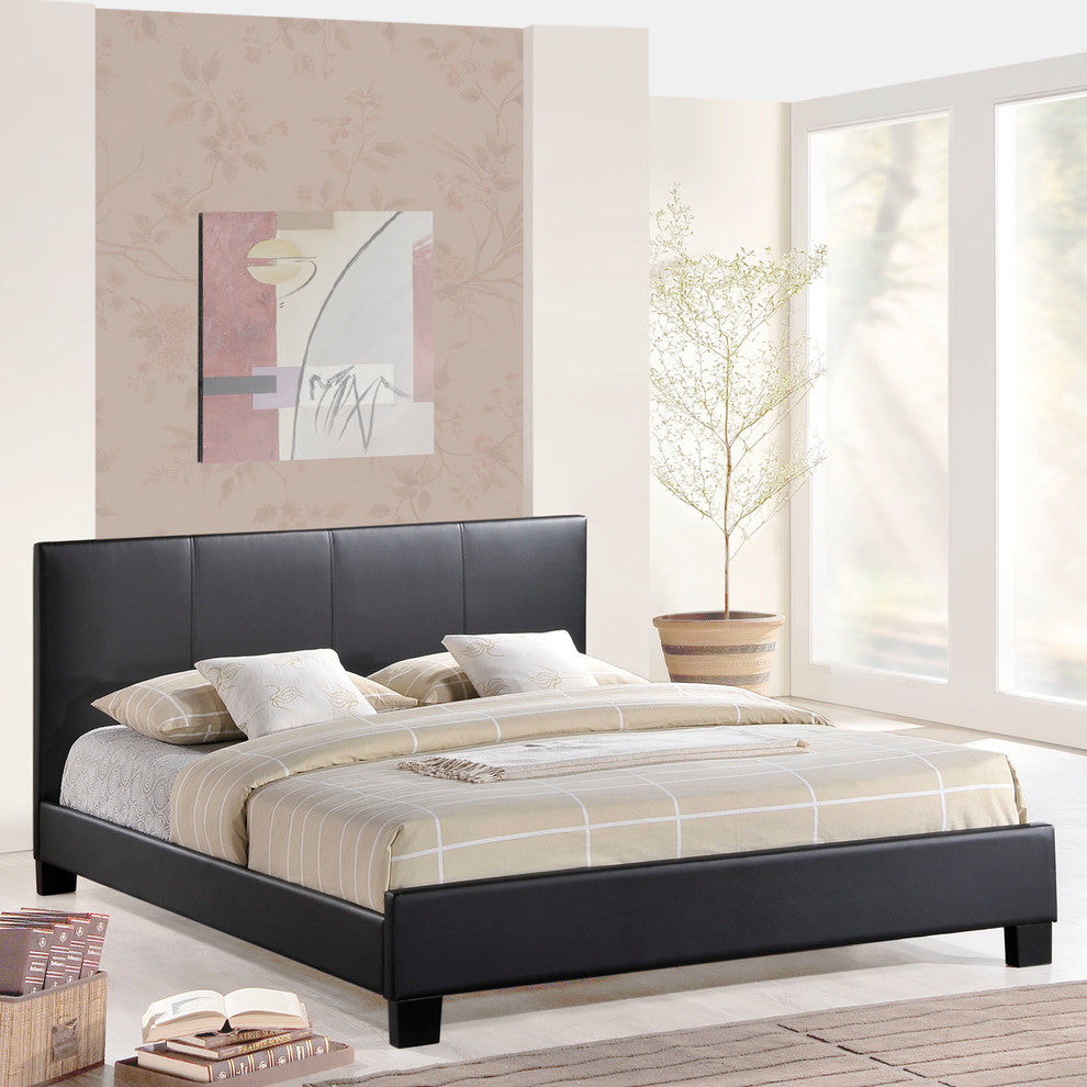 Modern Contemporary King Size Vinyl Bed Frame, Black Faux Leather
