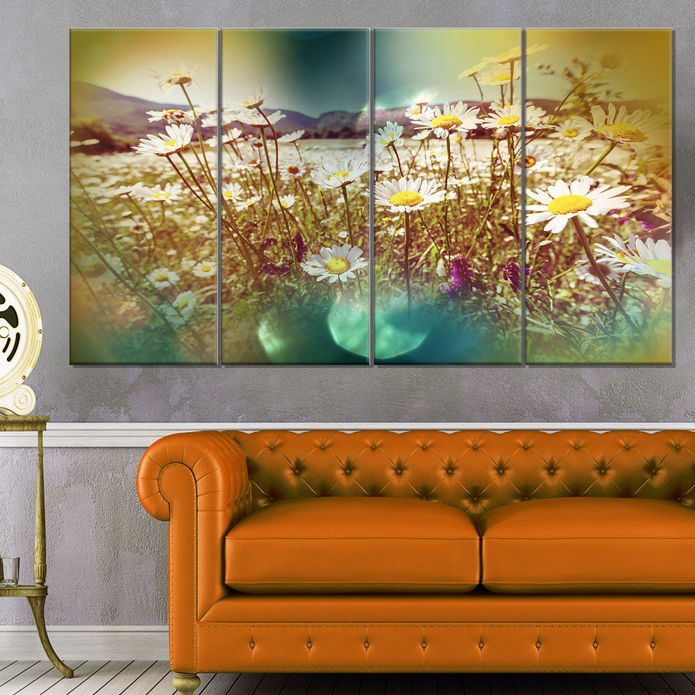 Chamomile Flowers in Summer Garden, Landscape Canvas Print, 48"x28", 4 Panels