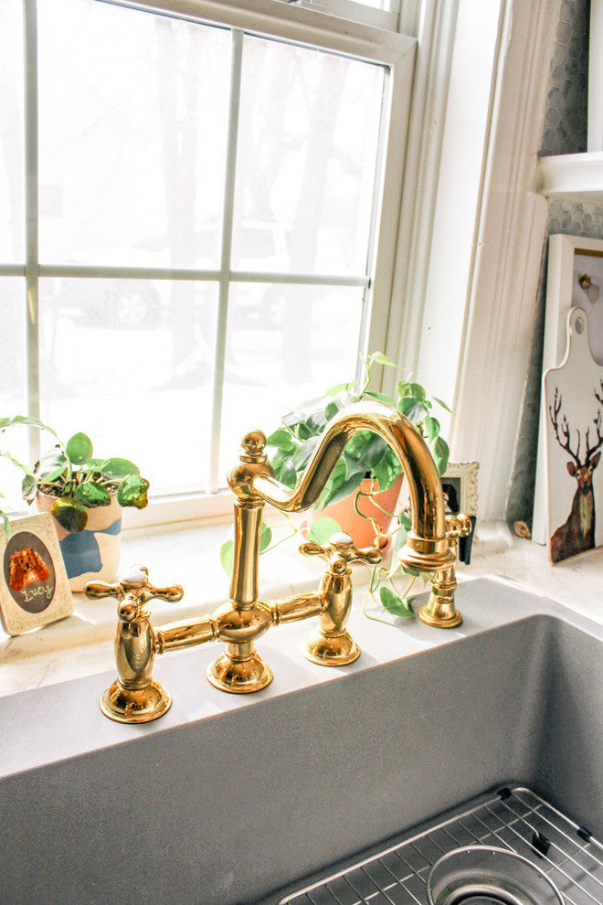 Kingston Brass Bridge Kitchen Faucet With Brass Sprayer, Polished Brass