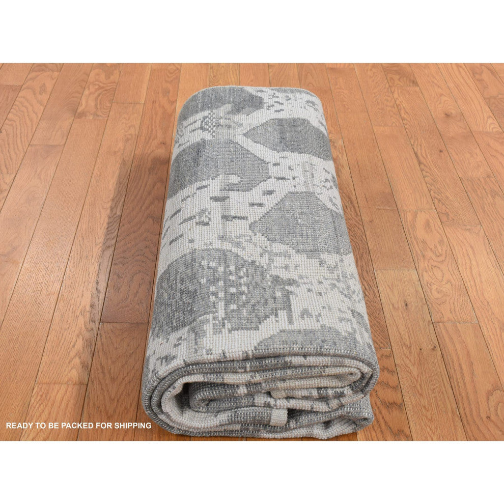 Gray Oushak Repetitive Botteh Design Pure Wool Hand Knotted Rug 5'10" x 9'