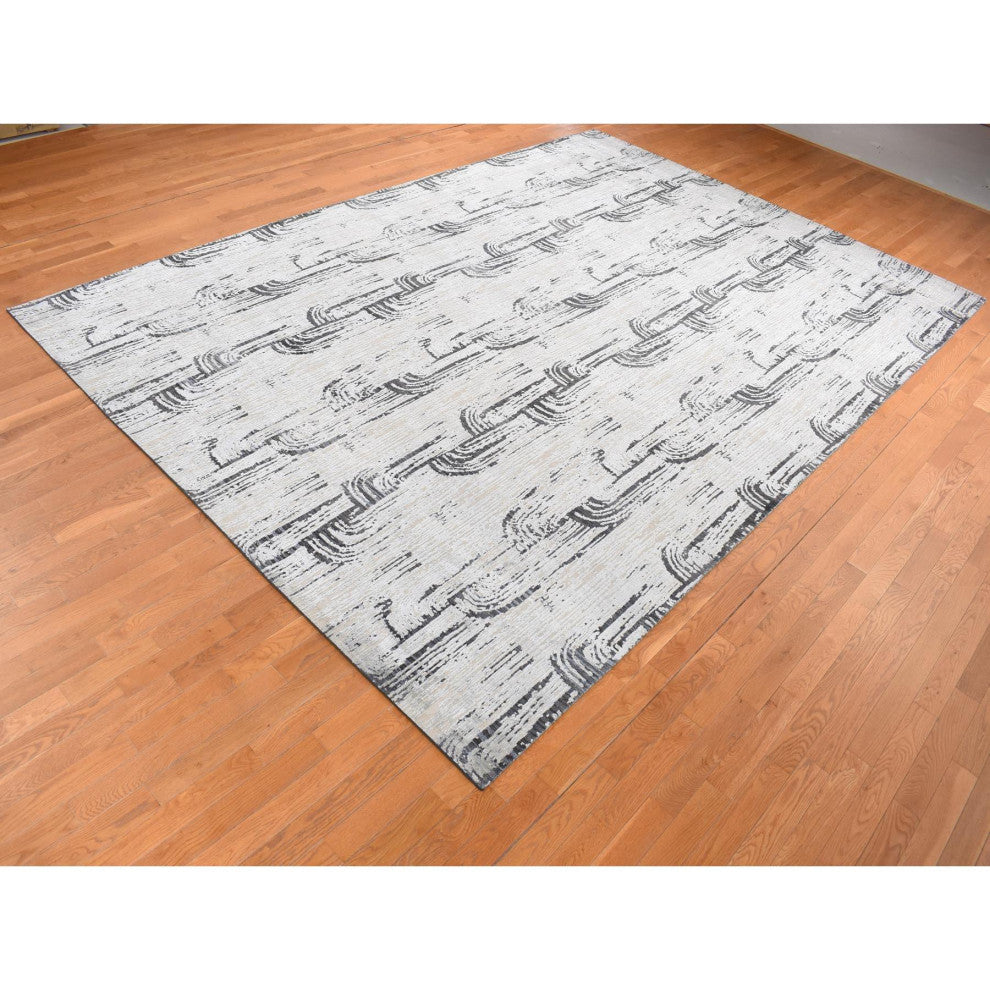 Cloud Gray, The Cane Design, Silk With Wool, Hand Knotted Rug, 10'x14'5"