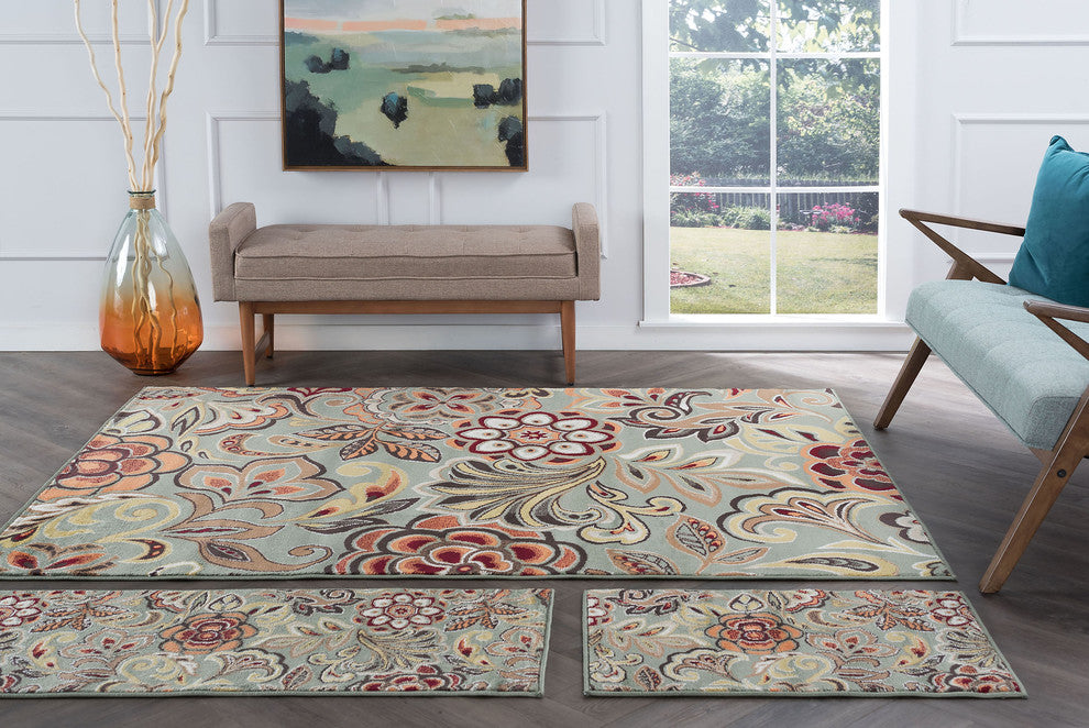 Dilek Transitional Floral Area Rug, Seafoam, 5' X 7', 20'' X 60'', 20'' X 32''