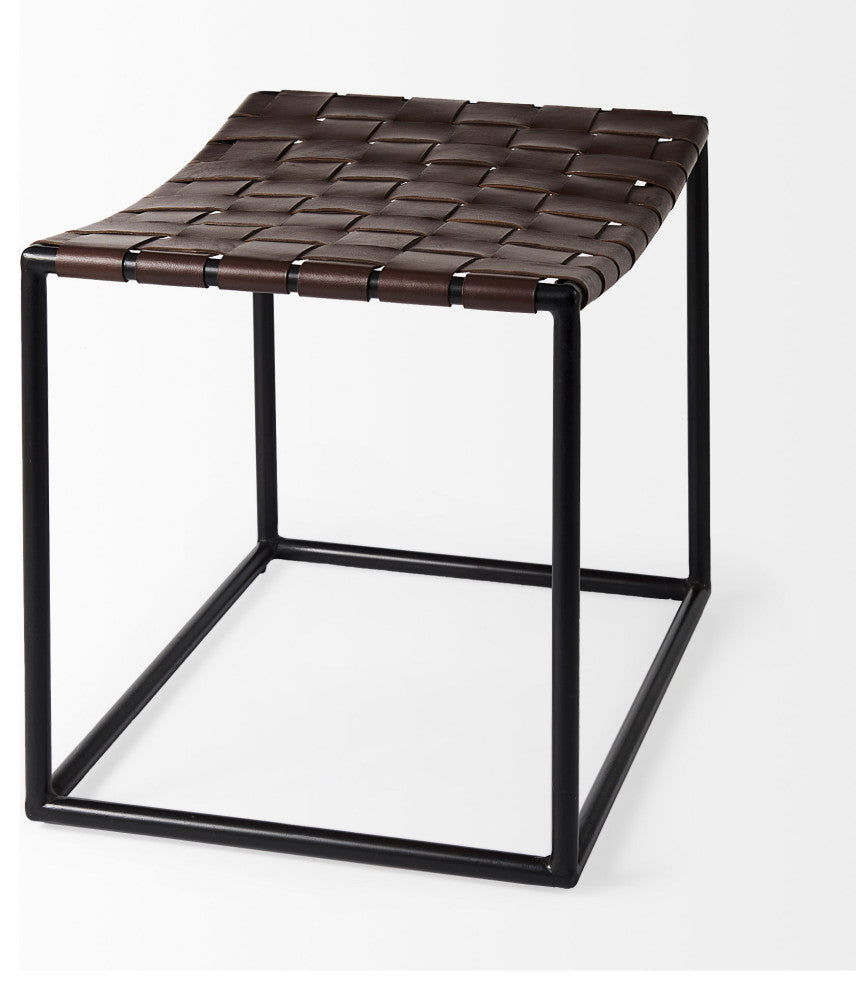 Clarissa Dark Brown Genuine Leather Woven Seat w/Black Metal Frame Stool
