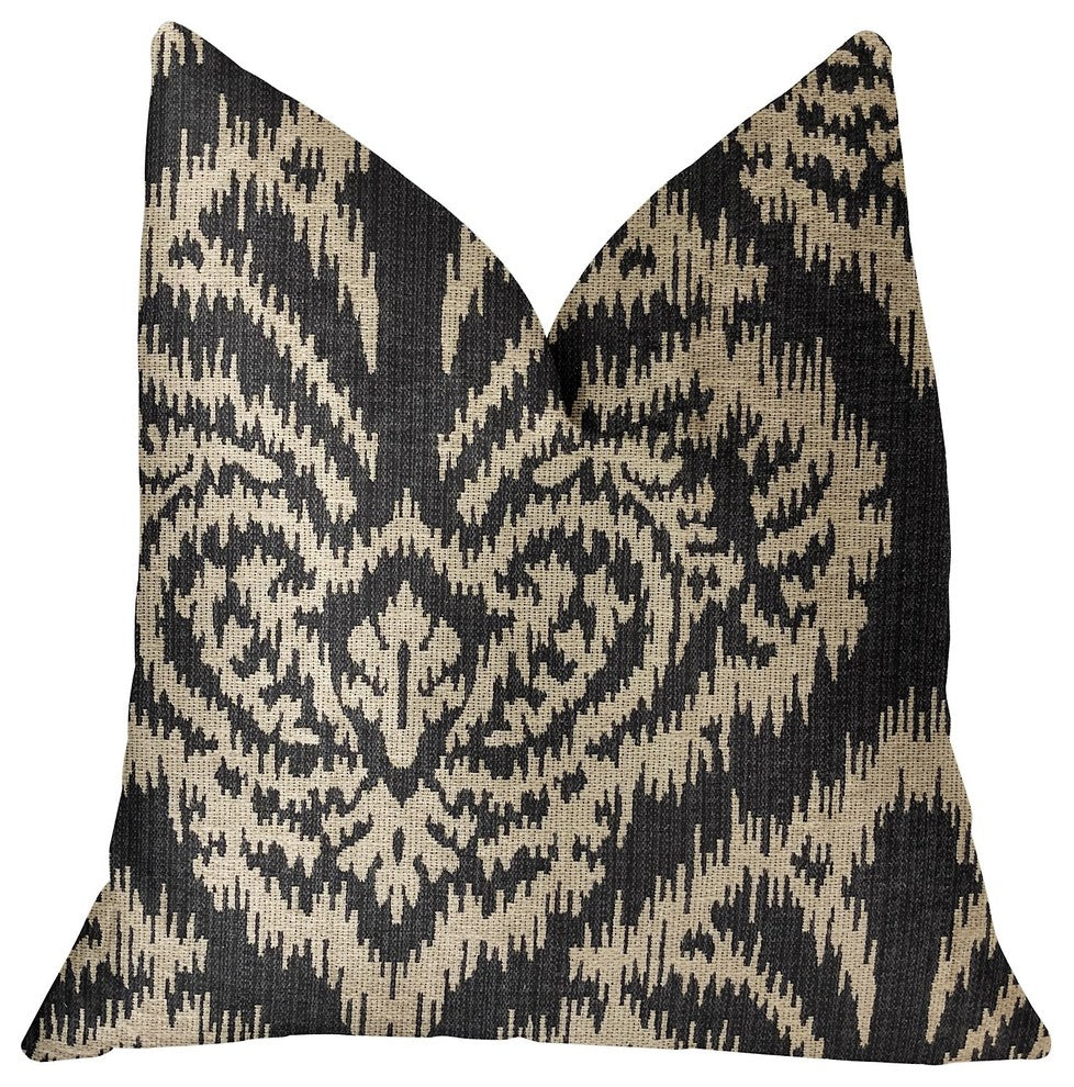 Floral Fantasy Black and Beige Luxury Throw Pillow, 18"x18"