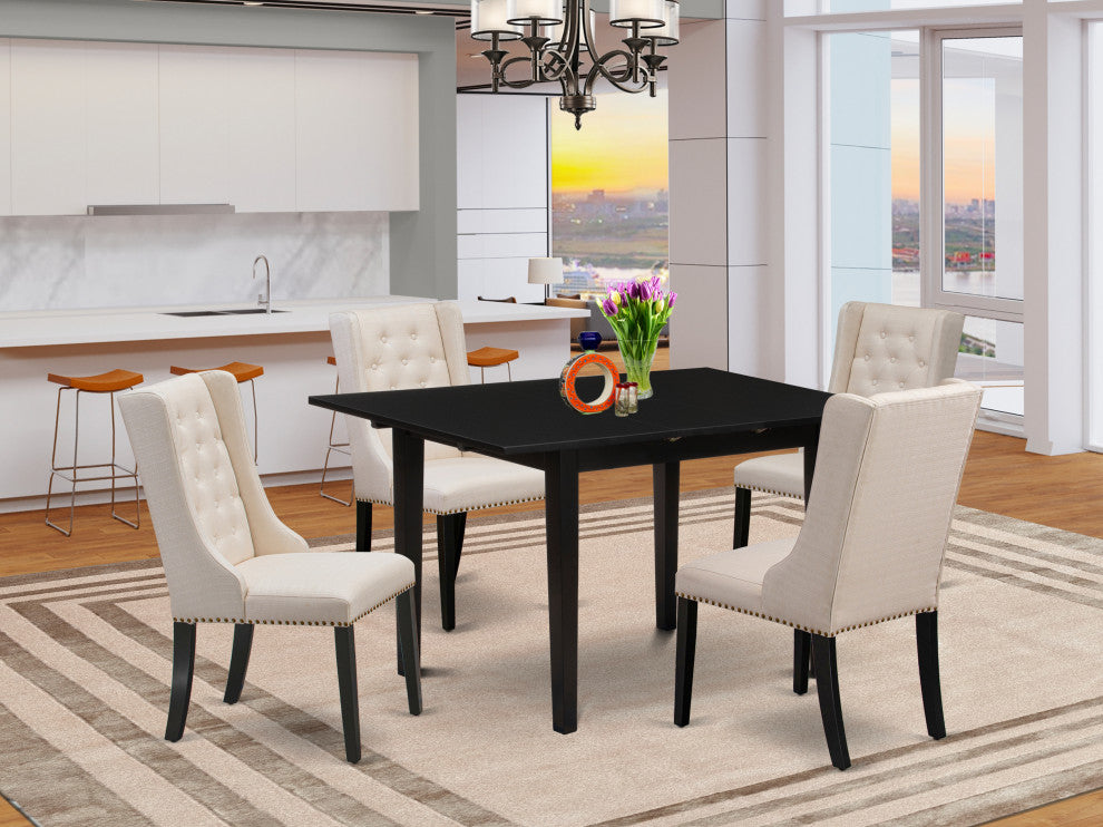 5Pc Dinette Set, 1 Butterfly Leaf Table, 4 Cream Chair, Black