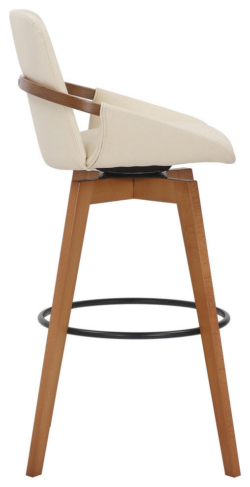 30" Luxurious Cream Faux Leather and Walnut Swivel Bar Stool