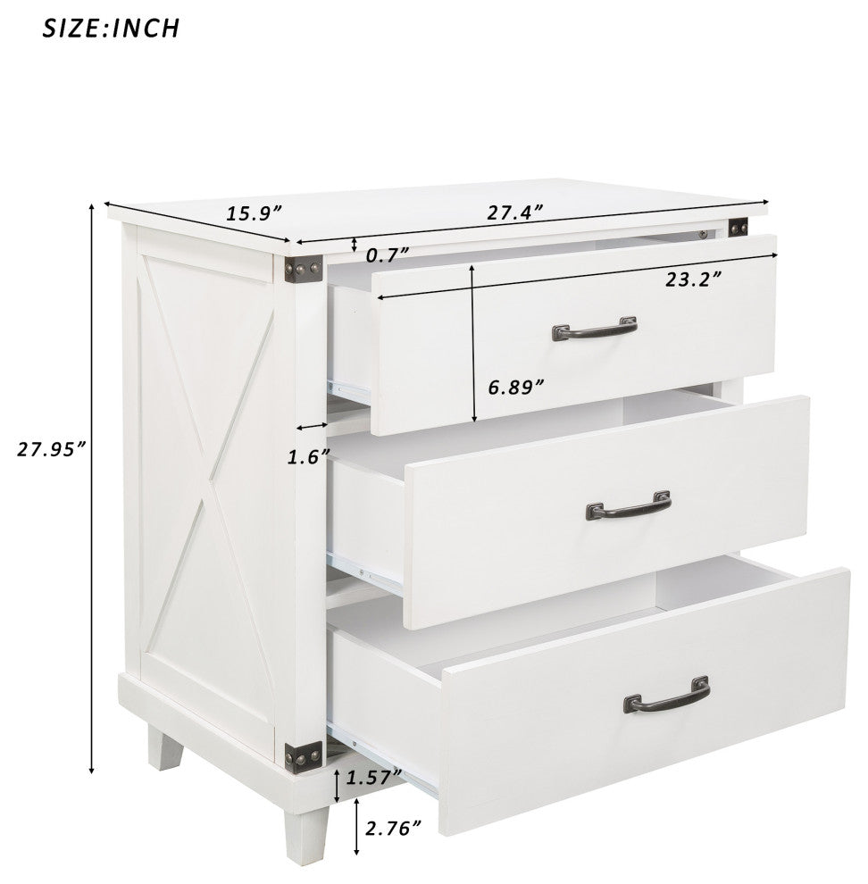 Wood 3-Drawer Nightstand, White, 28" Tall