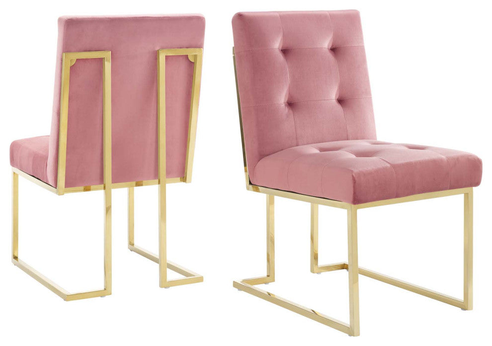 Side Dining Chair, Set of 2, Velvet, Metal, Gold Pink, Modern, Bistro Restaurant
