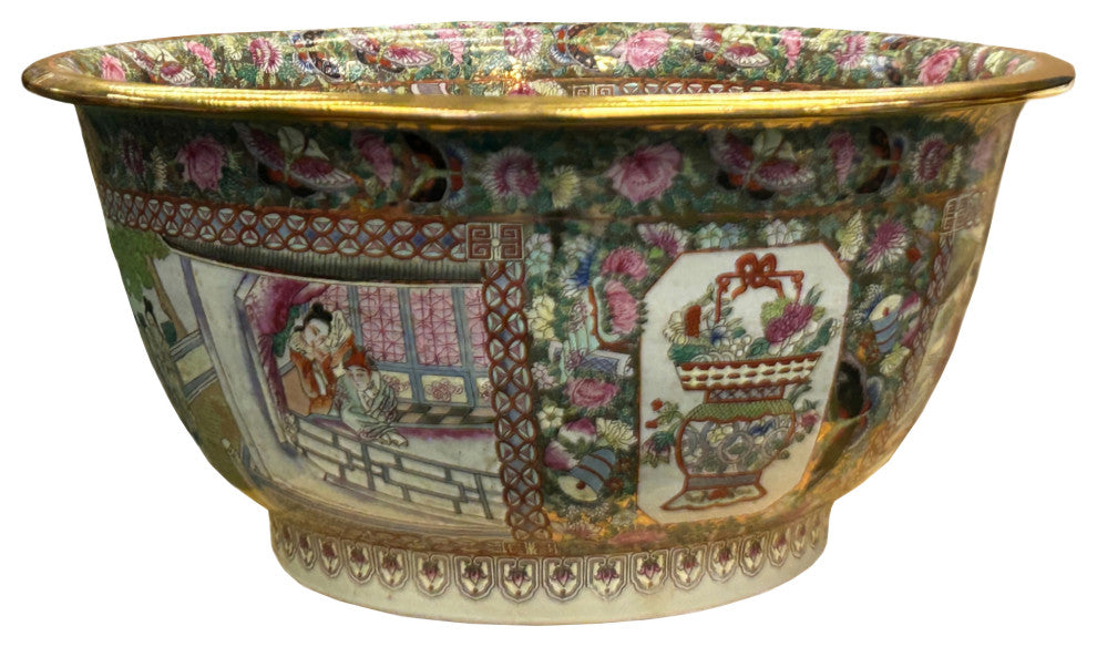 Vintage Chinese Famille Rose People House Graphic Porcelain Bowl Pot Hws4349