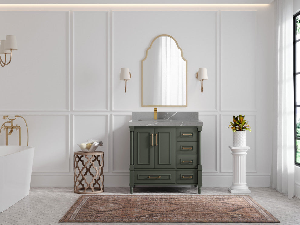 Aberdeen 36 Left Offset Bath Vanity in Pewter Green 2" Piatra Gray