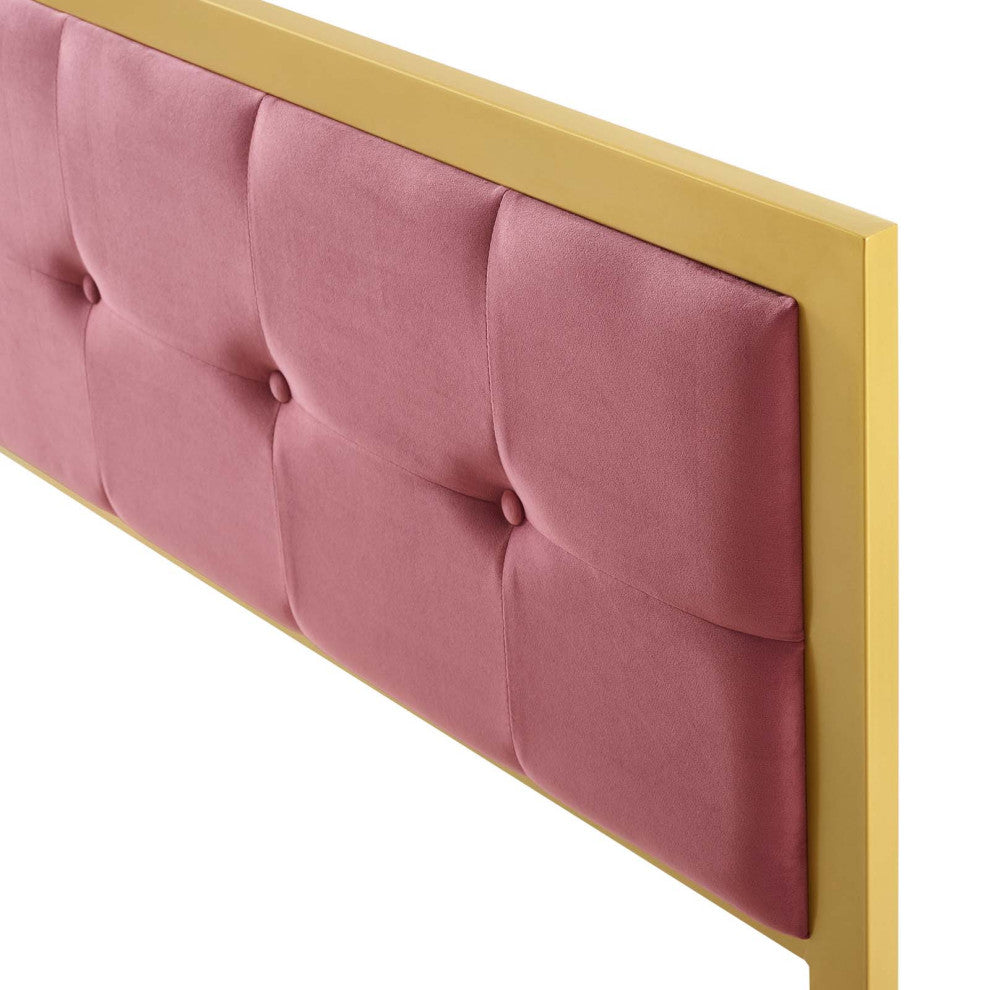 Tufted Headboard, Twin Size, Velvet, Metal Steel, Gold Pink, Modern Contemporary