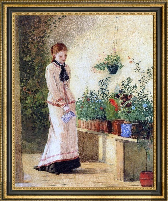 Winslow Homer Girl Watering Plants Framed Premium Canvas Print, 20"x25"