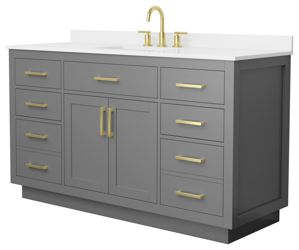 Beckett TK 60" Dark Gray Single Vanity, White Quartz Top, 3-Hole, Gold Trim