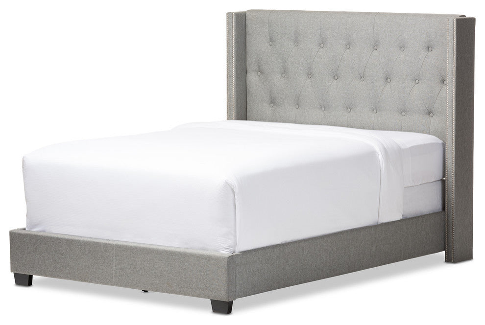 Katherine Contemporary Nailhead Trim Wingback Bed, Gray, King